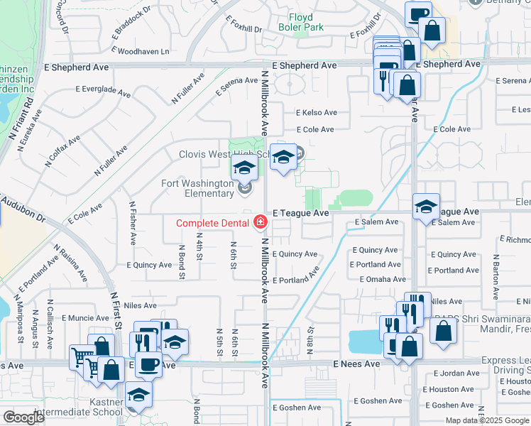 map of restaurants, bars, coffee shops, grocery stores, and more near N Millbrook Ave & E Teague Ave in Fresno