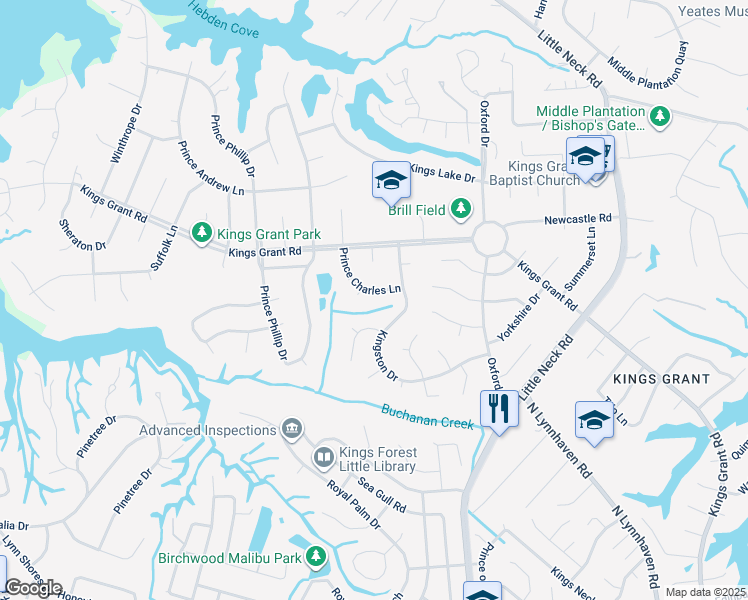 map of restaurants, bars, coffee shops, grocery stores, and more near 713 Prince Charles Lane in Virginia Beach