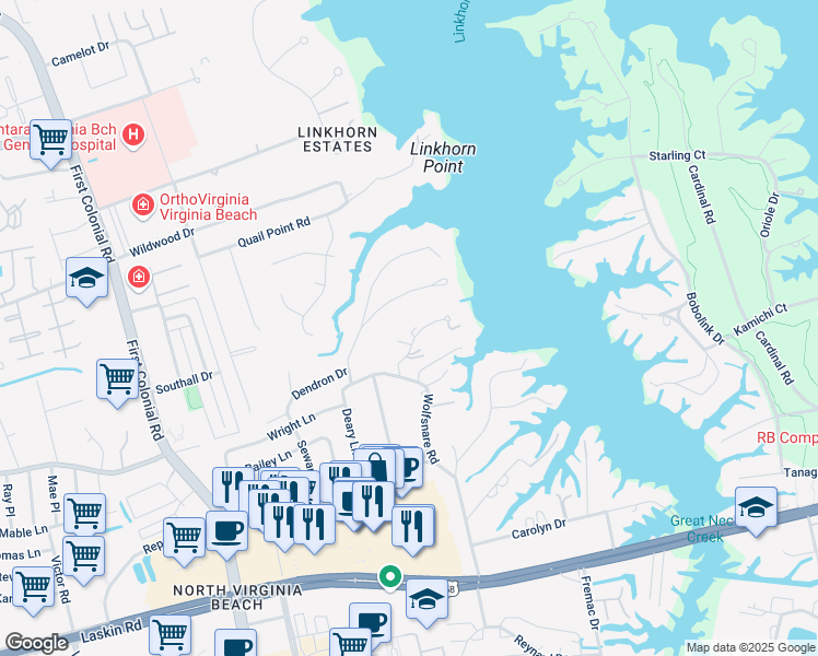 map of restaurants, bars, coffee shops, grocery stores, and more near 916 East Horseshoe Court in Virginia Beach