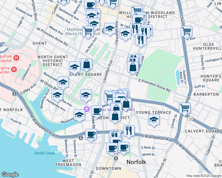 map of restaurants, bars, coffee shops, grocery stores, and more near 205 Westover Avenue in Norfolk