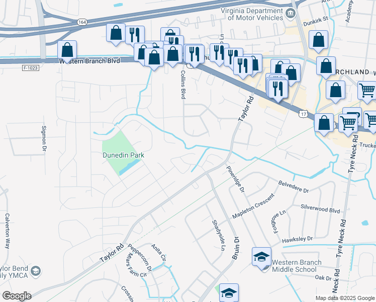 map of restaurants, bars, coffee shops, grocery stores, and more near 3713 Radford Cir in Chesapeake
