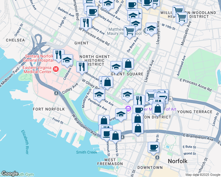 map of restaurants, bars, coffee shops, grocery stores, and more near 413 Boissevain Avenue in Norfolk