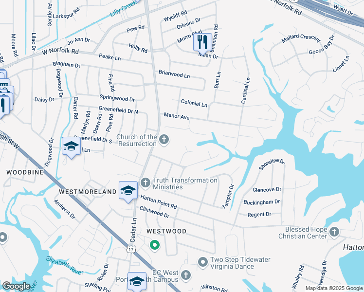 map of restaurants, bars, coffee shops, grocery stores, and more near 4 Canterbury Court in Portsmouth