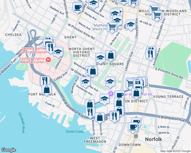 map of restaurants, bars, coffee shops, grocery stores, and more near 413 Boissevain Avenue in Norfolk