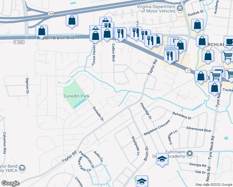 map of restaurants, bars, coffee shops, grocery stores, and more near 3713 Radford Cir in Chesapeake