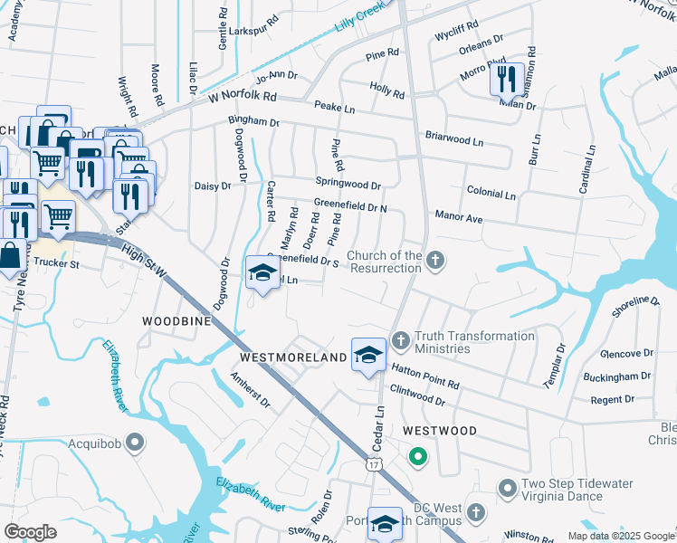 map of restaurants, bars, coffee shops, grocery stores, and more near 5533 Greenefield Drive South in Portsmouth