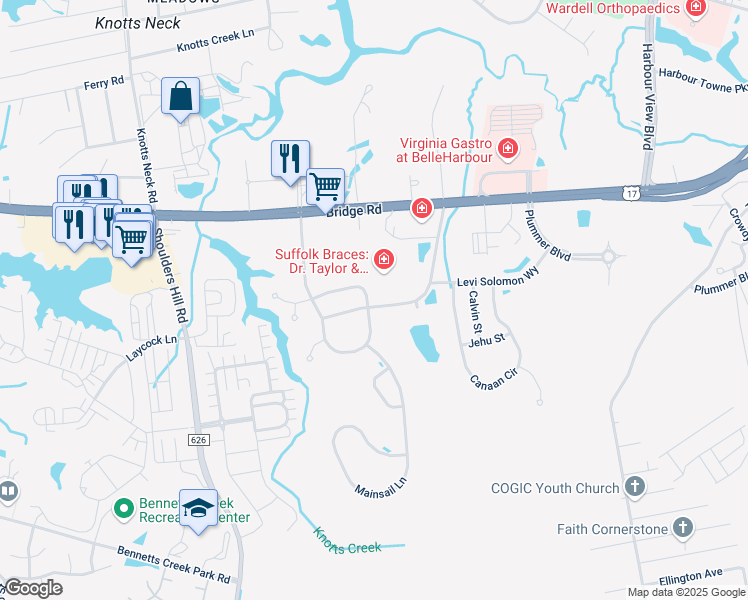 map of restaurants, bars, coffee shops, grocery stores, and more near 1540 Breezeport Way in Suffolk