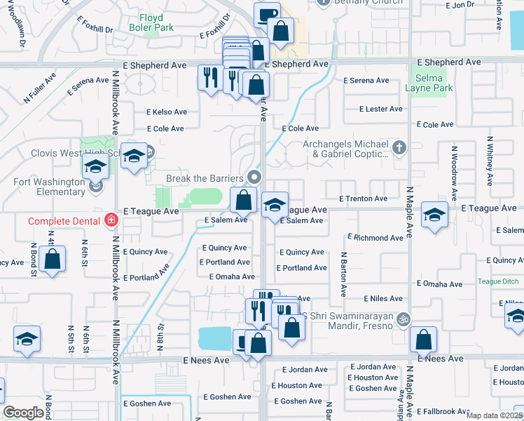map of restaurants, bars, coffee shops, grocery stores, and more near North Cedar Avenue & East Teague Avenue in Fresno