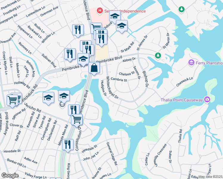 map of restaurants, bars, coffee shops, grocery stores, and more near 656 Whitechapel Drive in Virginia Beach
