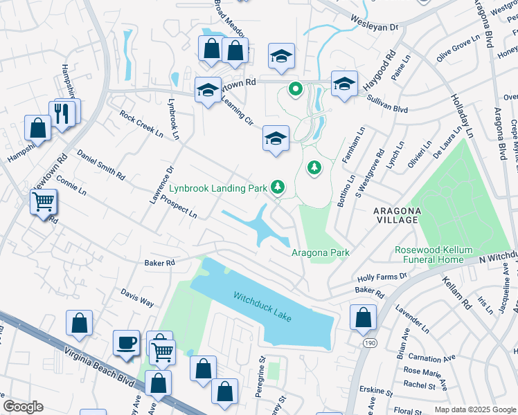 map of restaurants, bars, coffee shops, grocery stores, and more near 606 Cedar Springs Court in Virginia Beach