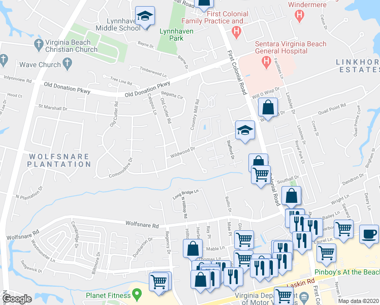 map of restaurants, bars, coffee shops, grocery stores, and more near 953 Wildwood Square Court in Virginia Beach