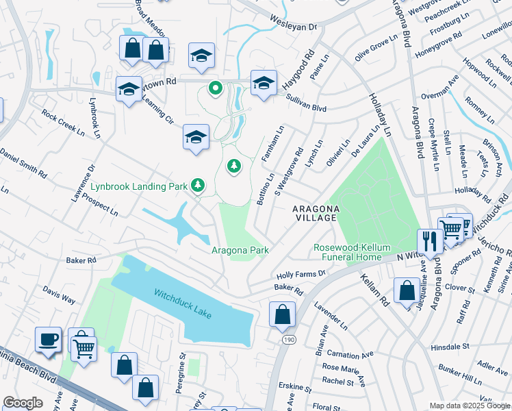 map of restaurants, bars, coffee shops, grocery stores, and more near 649 Bottino Lane in Virginia Beach