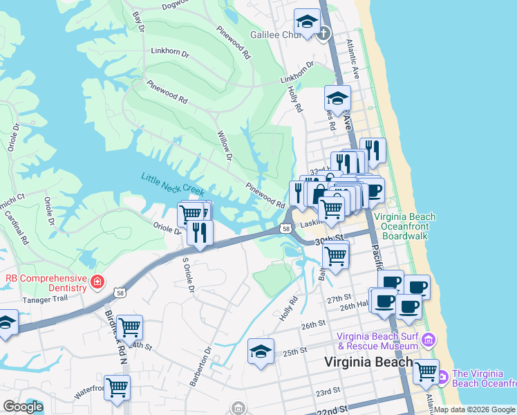 map of restaurants, bars, coffee shops, grocery stores, and more near 100 Pinewood Road in Virginia Beach