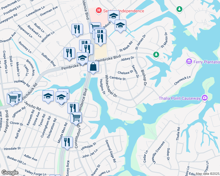 map of restaurants, bars, coffee shops, grocery stores, and more near 656 Whitechapel Drive in Virginia Beach