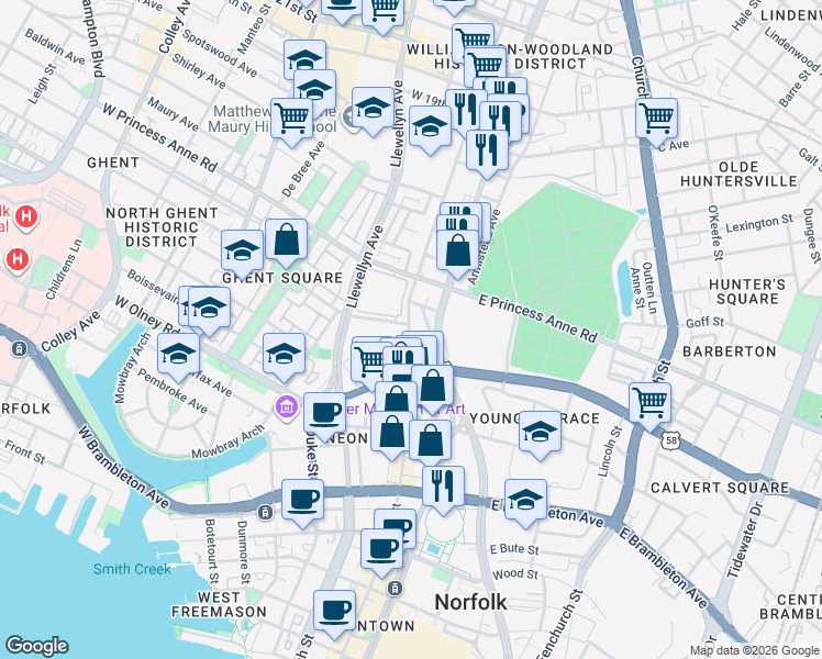 map of restaurants, bars, coffee shops, grocery stores, and more near 103 Westover Avenue in Norfolk