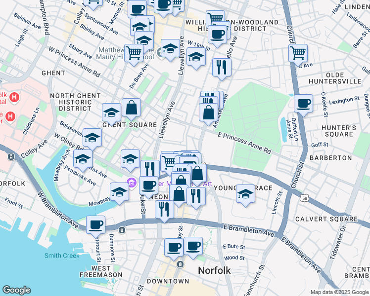 map of restaurants, bars, coffee shops, grocery stores, and more near 103 Westover Avenue in Norfolk