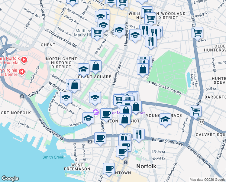 map of restaurants, bars, coffee shops, grocery stores, and more near 201 Westover Avenue in Norfolk