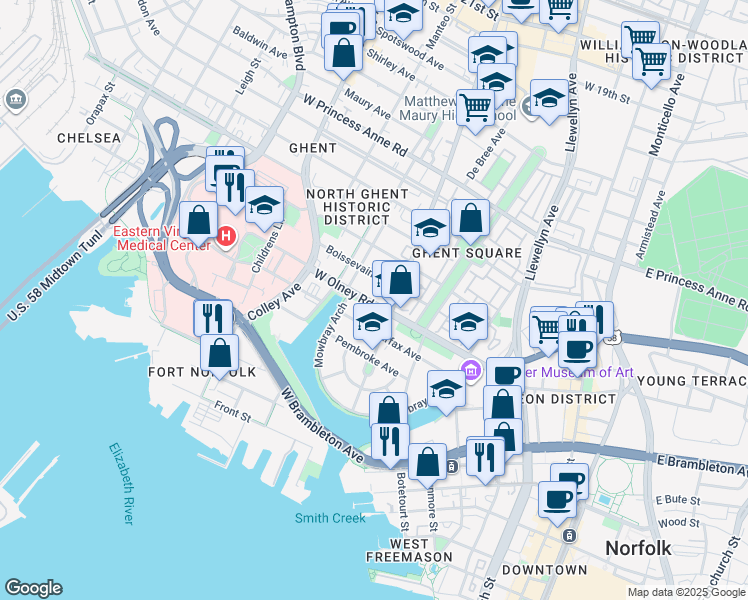 map of restaurants, bars, coffee shops, grocery stores, and more near 622 West Olney Road in Norfolk