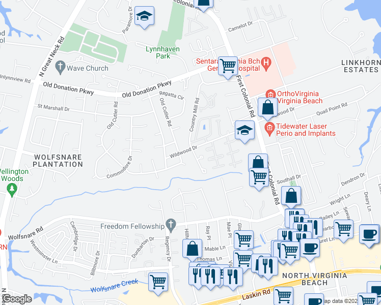 map of restaurants, bars, coffee shops, grocery stores, and more near 953 Wildwood Square Court in Virginia Beach