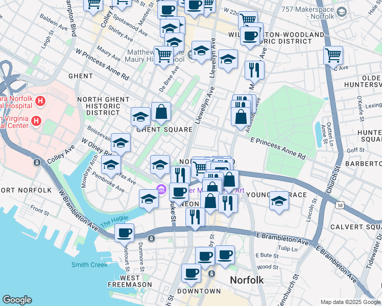 map of restaurants, bars, coffee shops, grocery stores, and more near 207 Westover Avenue in Norfolk