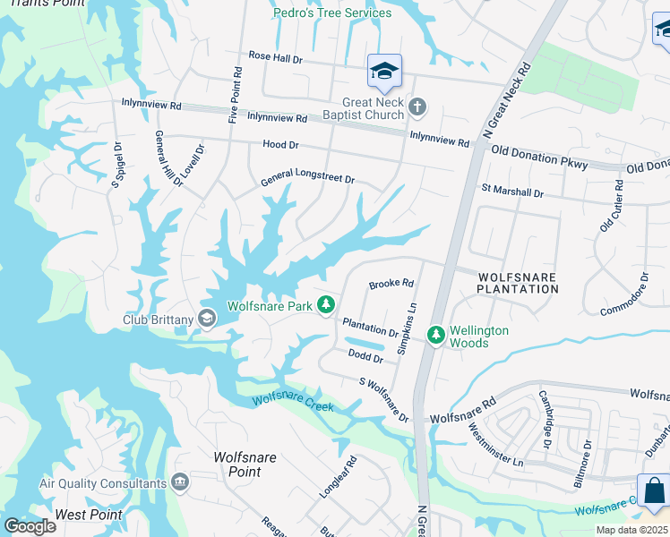map of restaurants, bars, coffee shops, grocery stores, and more near 2356 North Wolfsnare Drive in Virginia Beach