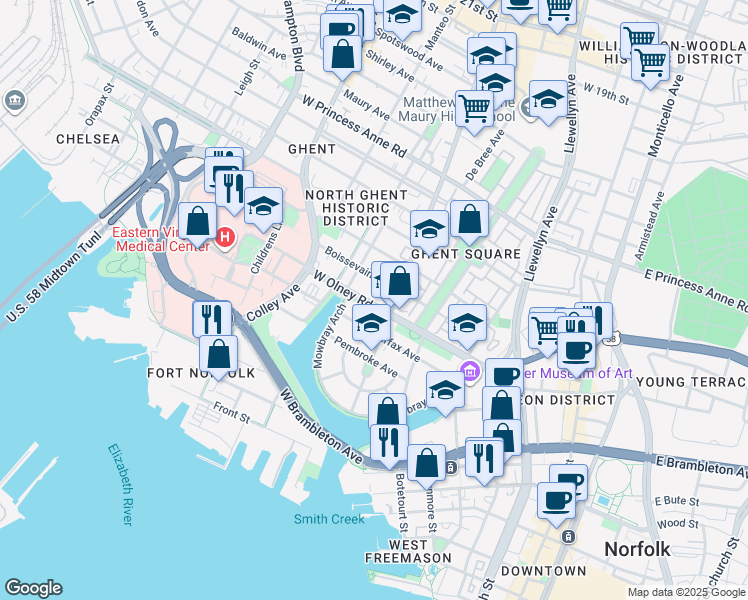 map of restaurants, bars, coffee shops, grocery stores, and more near 622 West Olney Road in Norfolk