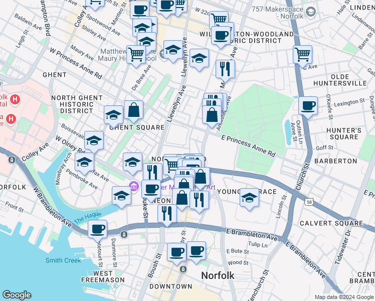 map of restaurants, bars, coffee shops, grocery stores, and more near 107 Westover Avenue in Norfolk