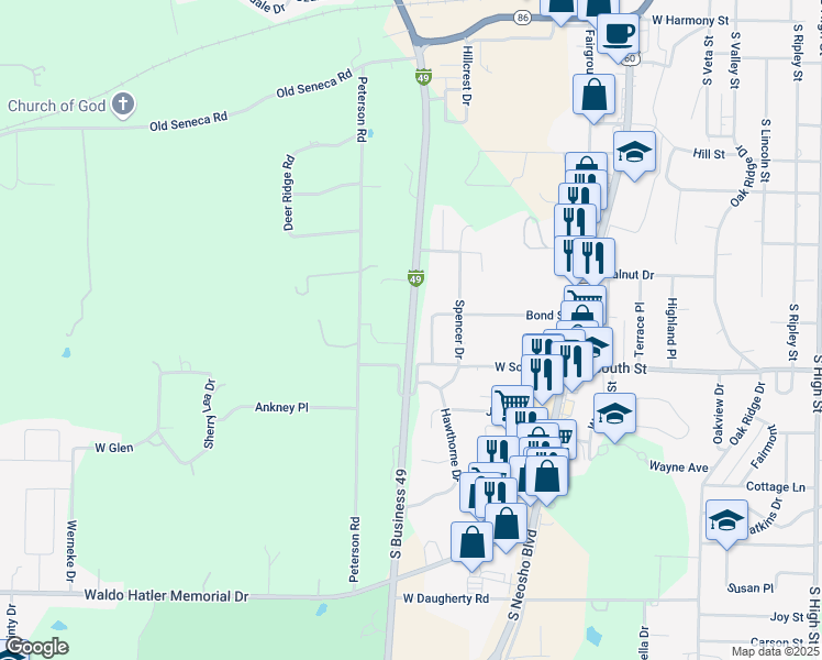 map of restaurants, bars, coffee shops, grocery stores, and more near 802 Hawthorne Drive in Neosho
