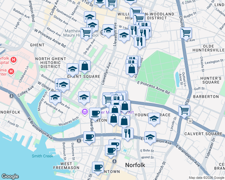 map of restaurants, bars, coffee shops, grocery stores, and more near 103 Westover Avenue in Norfolk