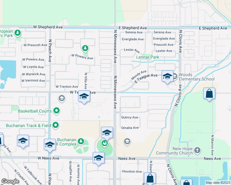 map of restaurants, bars, coffee shops, grocery stores, and more near North Minnewawa Avenue & Teague Avenue in Clovis