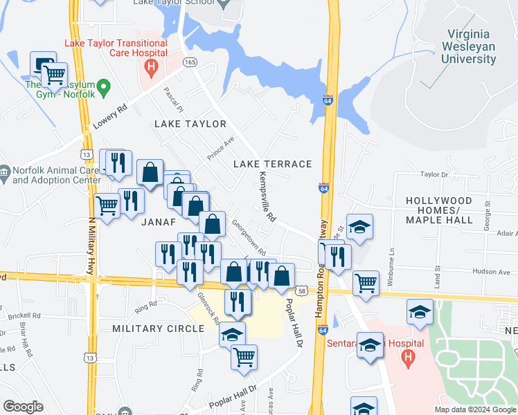 map of restaurants, bars, coffee shops, grocery stores, and more near 1107 Kempsville Road in Norfolk