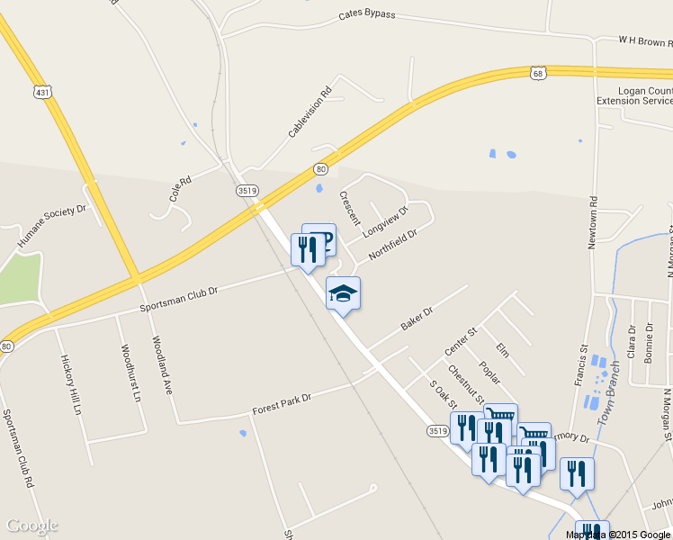 map of restaurants, bars, coffee shops, grocery stores, and more near Ridgewood Apartments 2 in Russellville