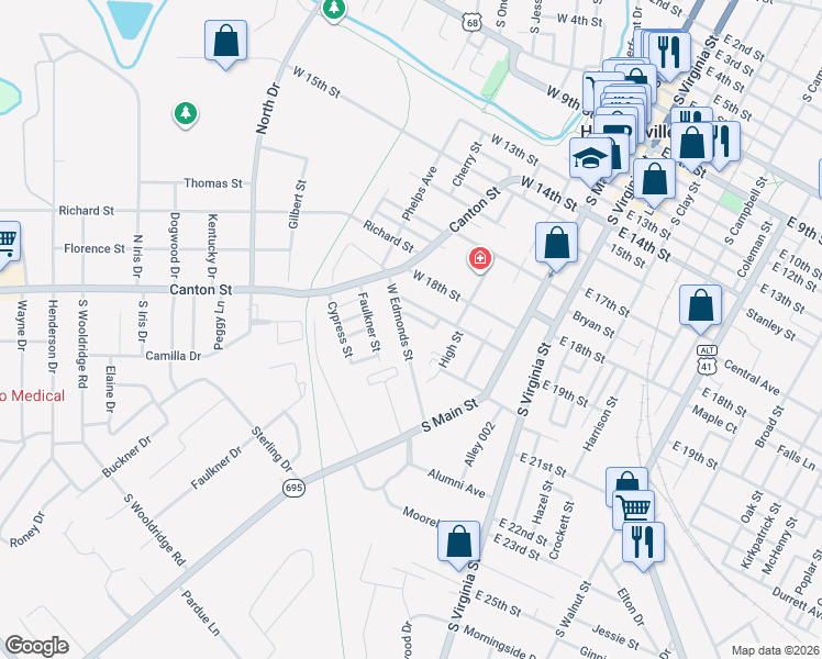 map of restaurants, bars, coffee shops, grocery stores, and more near 309-399 West Edmunds Street in Hopkinsville