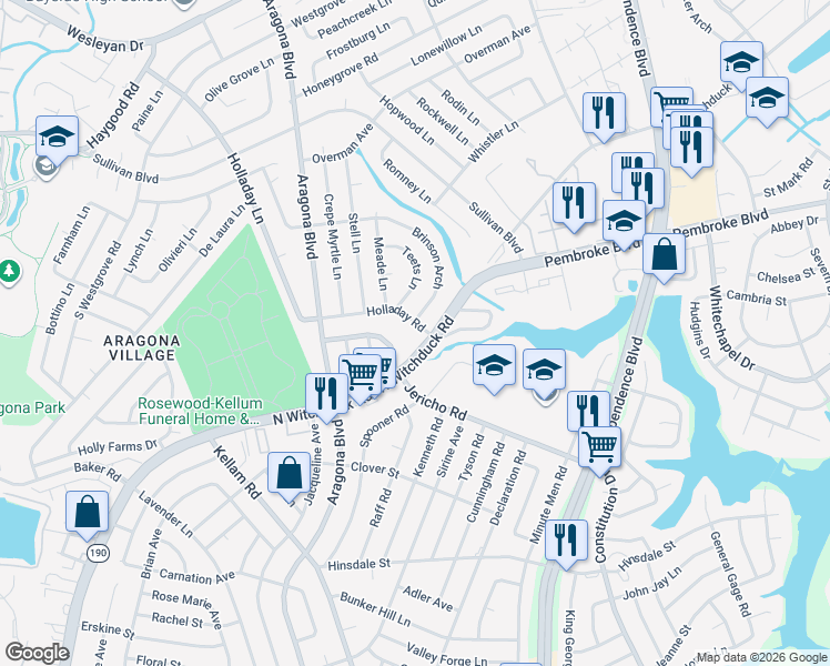 map of restaurants, bars, coffee shops, grocery stores, and more near 4705 Holladay Road in Virginia Beach