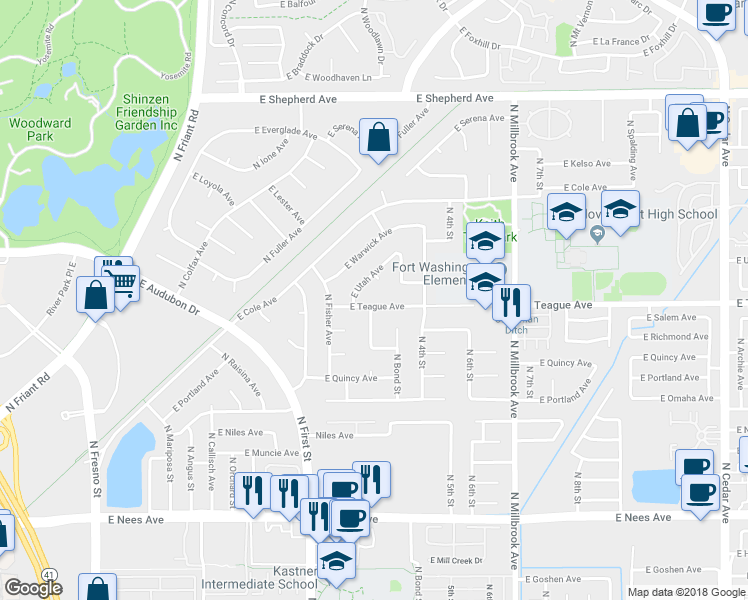map of restaurants, bars, coffee shops, grocery stores, and more near 636 East Teague Avenue in Fresno