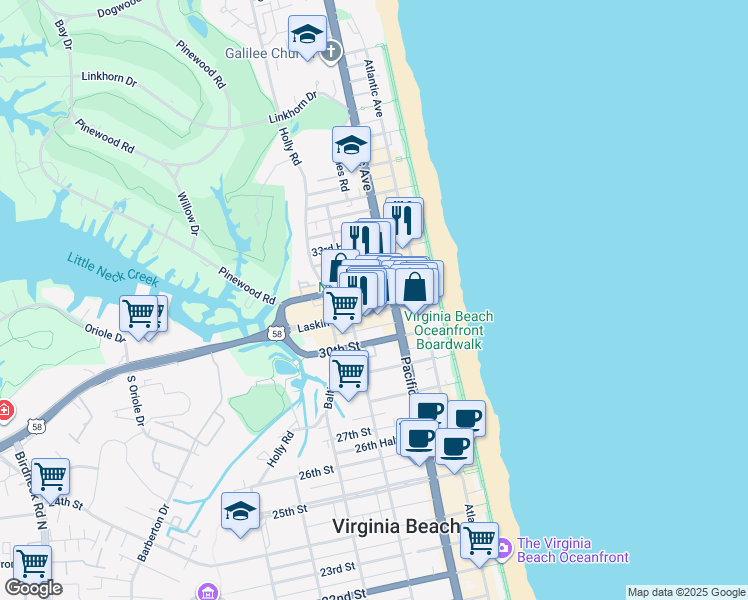map of restaurants, bars, coffee shops, grocery stores, and more near 3108 Pacific Avenue in Virginia Beach