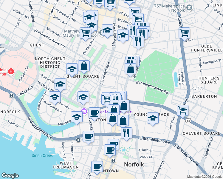map of restaurants, bars, coffee shops, grocery stores, and more near 103 Westover Avenue in Norfolk