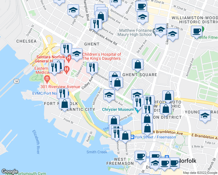 map of restaurants, bars, coffee shops, grocery stores, and more near 622 West Olney Road in Norfolk