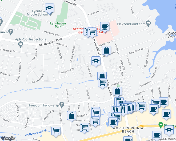 map of restaurants, bars, coffee shops, grocery stores, and more near 1820 Carlton West in Virginia Beach