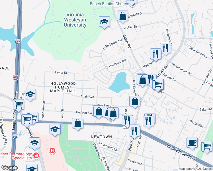 map of restaurants, bars, coffee shops, grocery stores, and more near 5747 West Hastings Arch in Virginia Beach