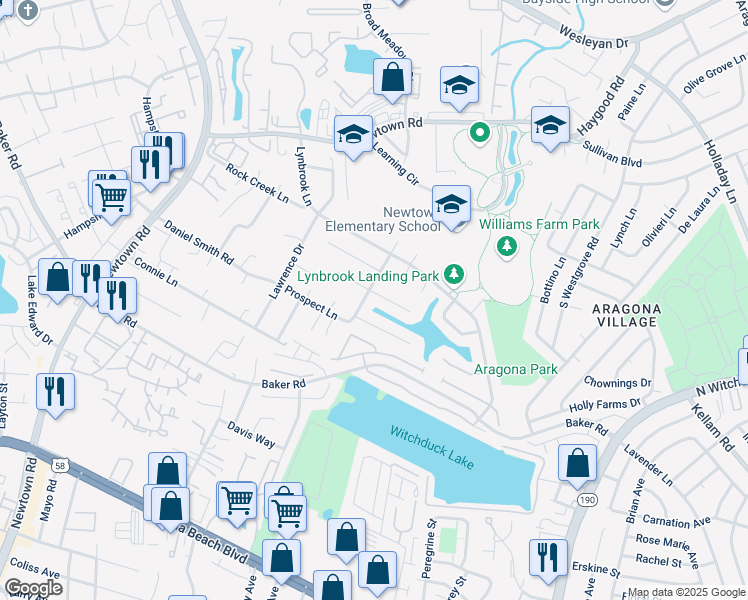 map of restaurants, bars, coffee shops, grocery stores, and more near 5445 Heatherton Court in Virginia Beach