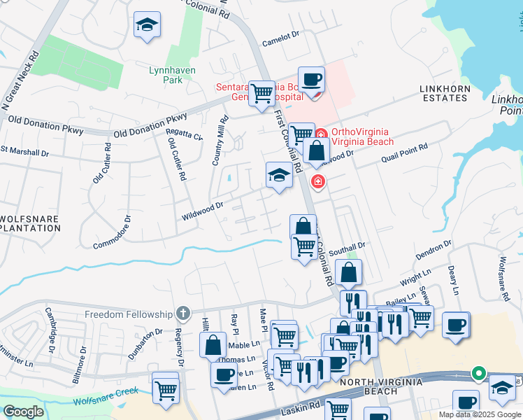 map of restaurants, bars, coffee shops, grocery stores, and more near 1820 Carlton West in Virginia Beach