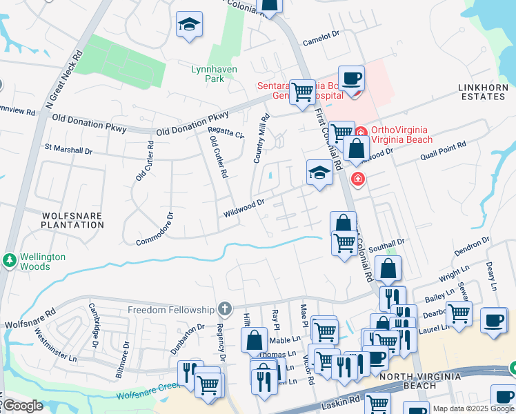 map of restaurants, bars, coffee shops, grocery stores, and more near 1897 Wildwood Drive in Virginia Beach