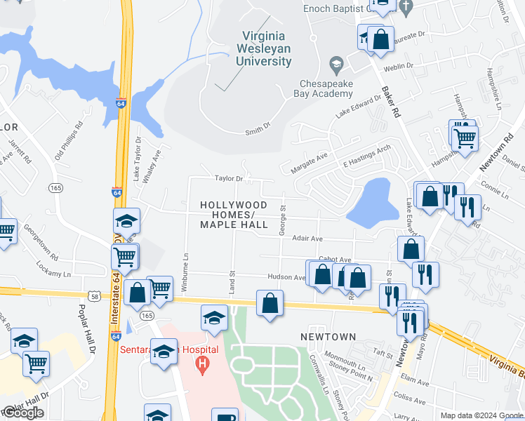 map of restaurants, bars, coffee shops, grocery stores, and more near 6336 Wailes Avenue in Norfolk