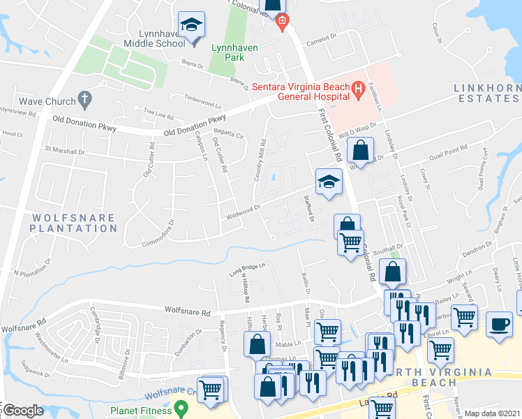 map of restaurants, bars, coffee shops, grocery stores, and more near 1897 Wildwood Drive in Virginia Beach