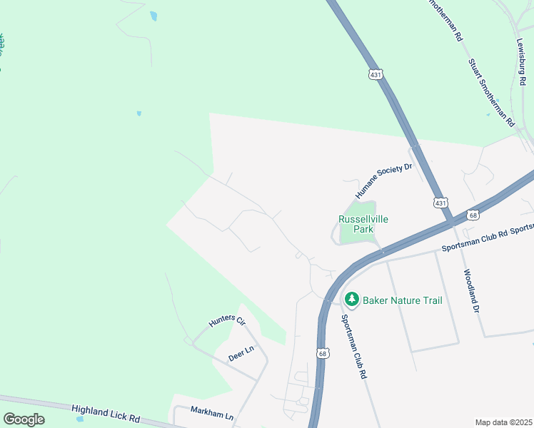 map of restaurants, bars, coffee shops, grocery stores, and more near Sportsman Club Lane in Russellville