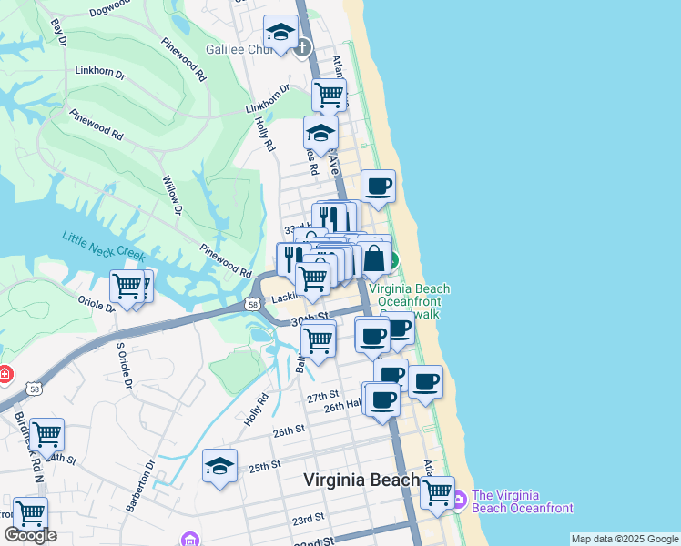 map of restaurants, bars, coffee shops, grocery stores, and more near 316 32nd Street in Virginia Beach