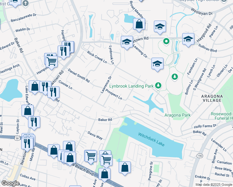 map of restaurants, bars, coffee shops, grocery stores, and more near 601 Prospect Lane in Virginia Beach