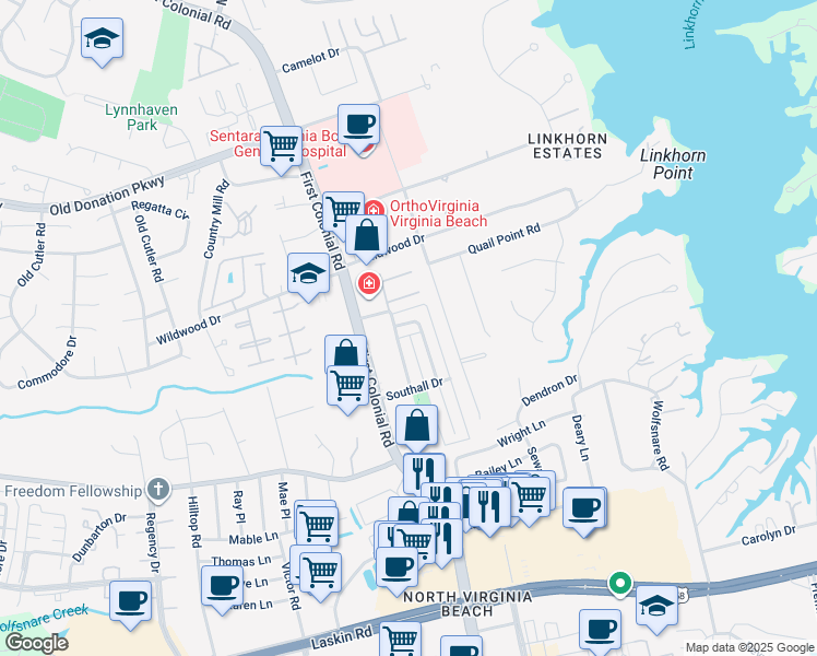 map of restaurants, bars, coffee shops, grocery stores, and more near 1069 Colonial Meadows Way in Virginia Beach