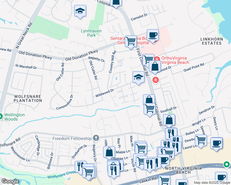 map of restaurants, bars, coffee shops, grocery stores, and more near 1889 Wildwood Drive in Virginia Beach